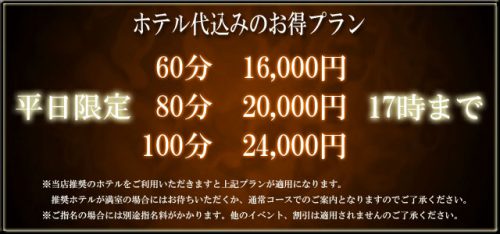 ホテル代込みのお得プラン！平日限定17時まで！