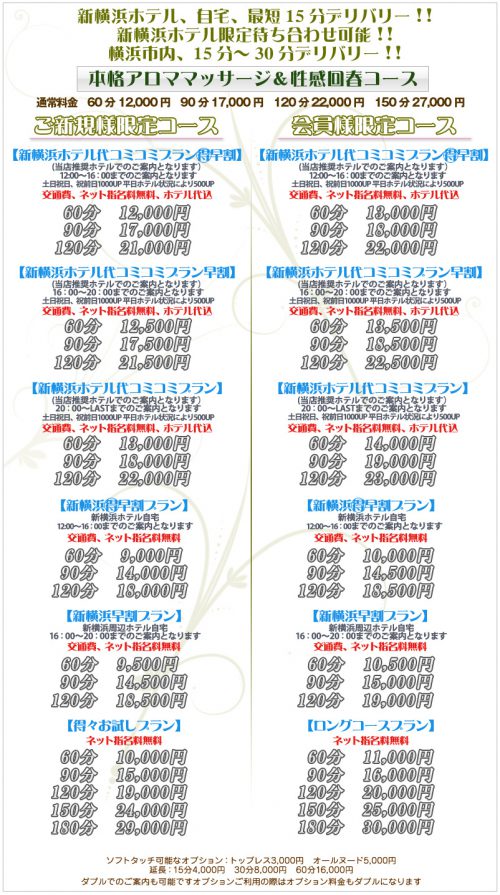 本格アロママッサージ＆性感回春コースのご新規様限定・会員様限定のお得なプランを多数ご用意！