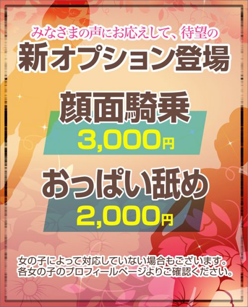 【新オプション登場】◇顔面騎乗 3,000円◇おっぱい舐め 2,000円